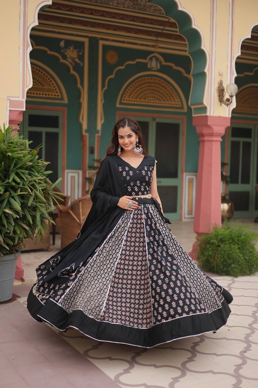 Black Printed Reyon With Gota Patti Lace And Printed Kali Pattern.