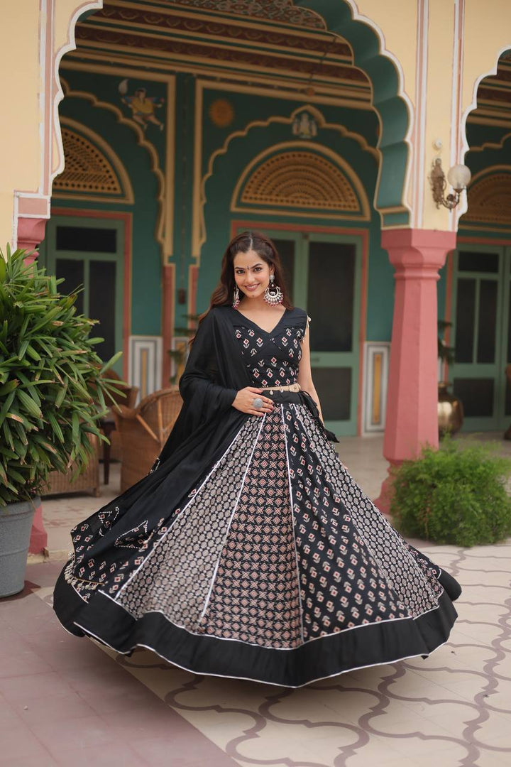 Black Printed Reyon With Gota Patti Lace And Printed Kali Pattern