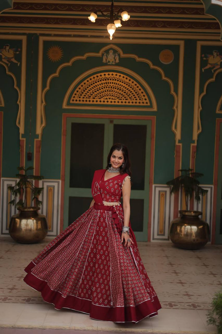 Maroon Printed Reyon With Gota Patti Lace And Printed Kali Pattern