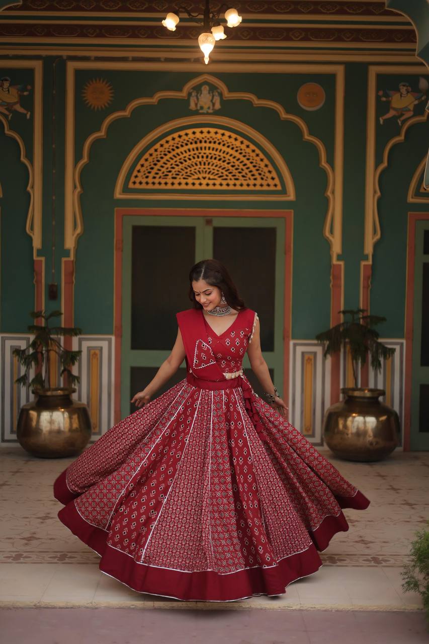 Maroon Printed Reyon With Gota Patti Lace And Printed Kali Pattern