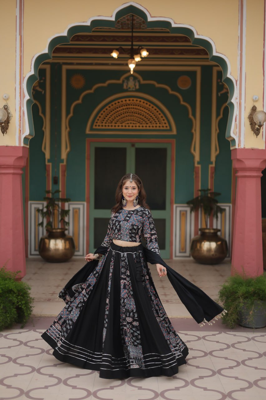 Black Color Printed Reyon With Gota Patti Lace And Printed Kali Pattern Lehenga