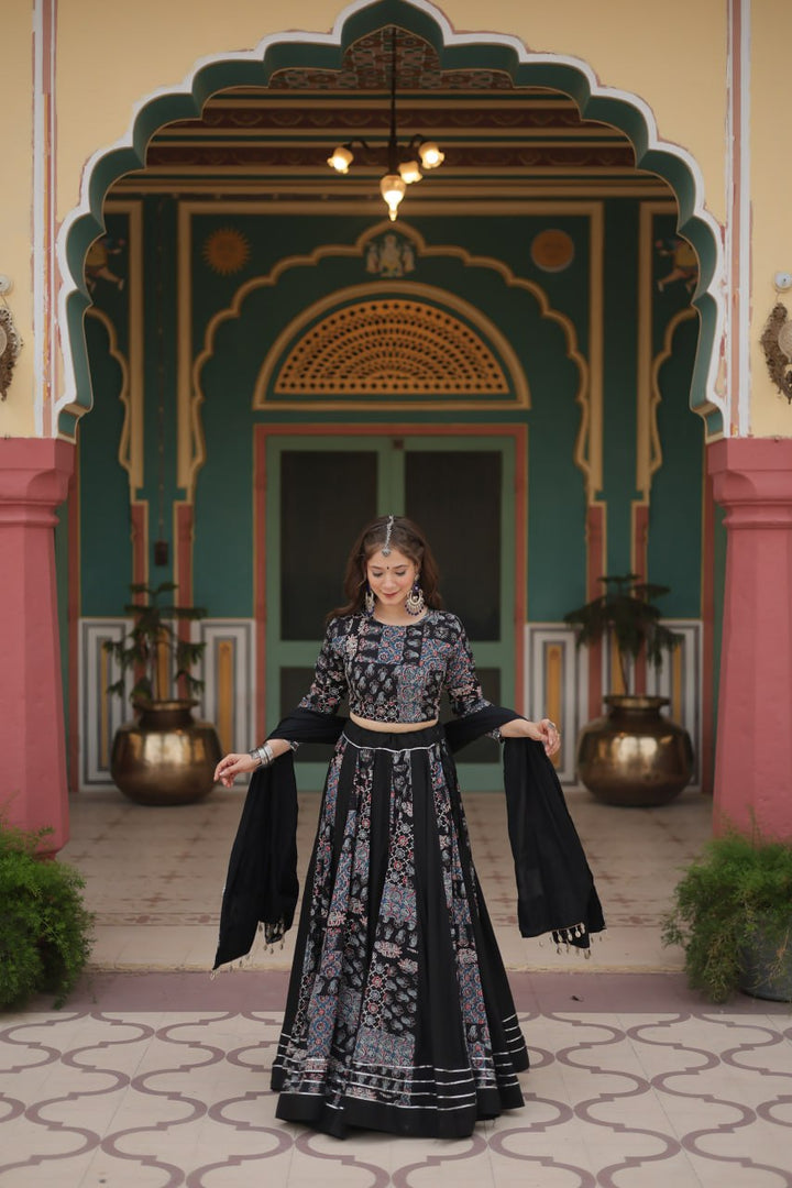 Black Color Printed Reyon With Gota Patti Lace And Printed Kali Pattern Lehenga