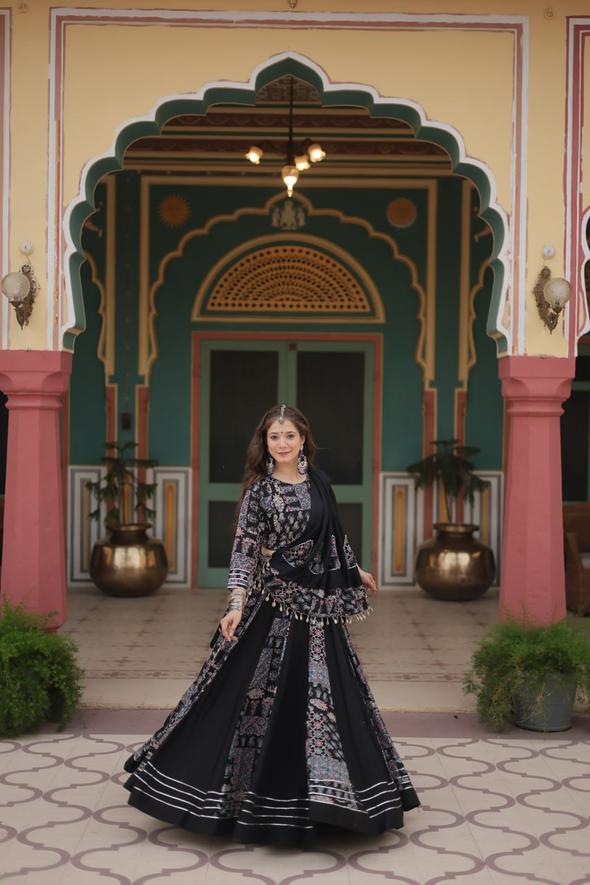 Black Color Printed Reyon With Gota Patti Lace And Printed Kali Pattern Lehenga