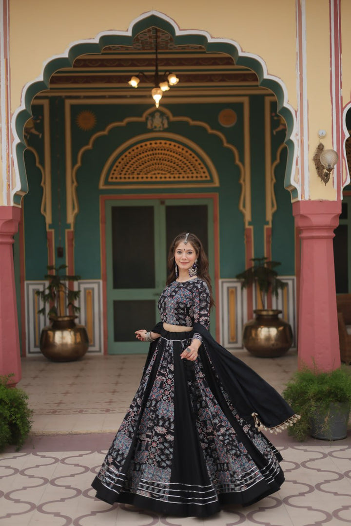 Black Color Printed Reyon With Gota Patti Lace And Printed Kali Pattern Lehenga