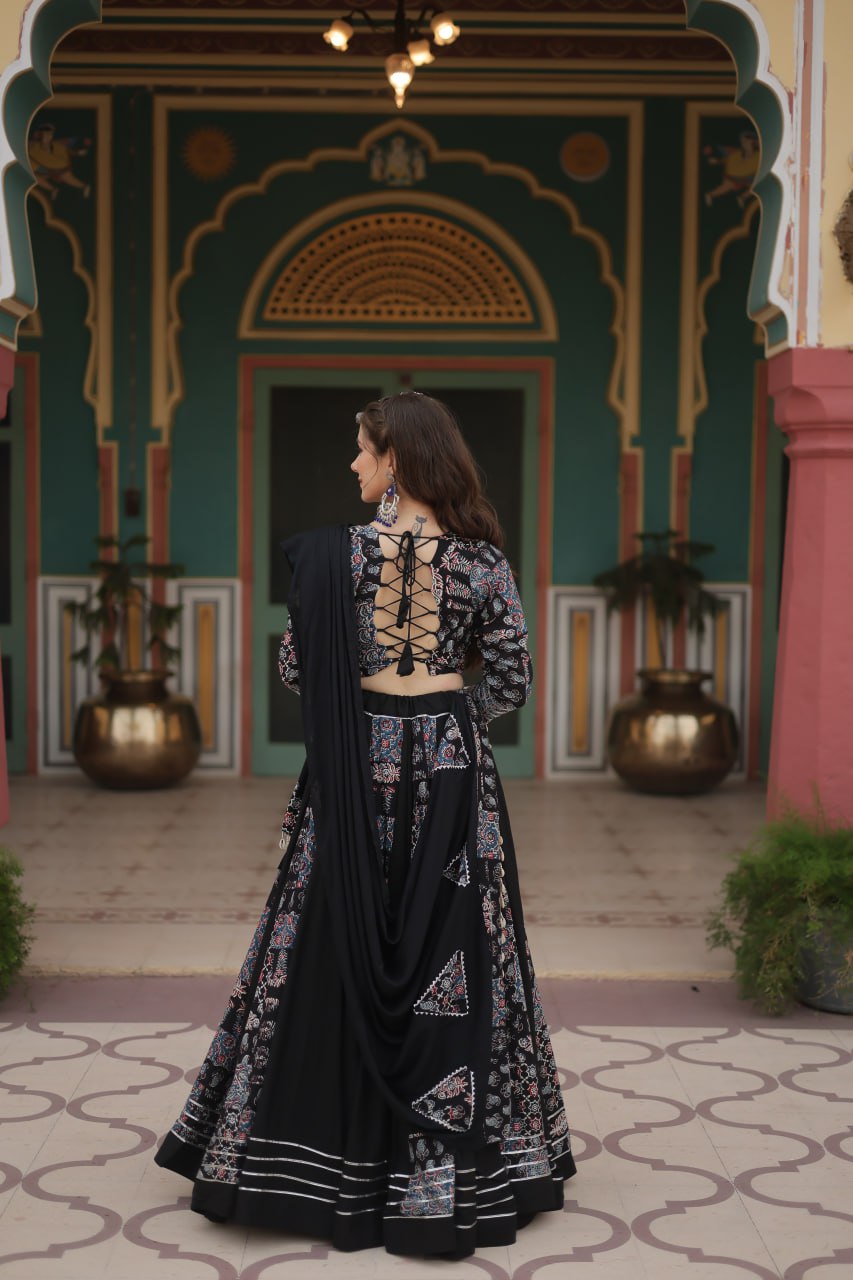 Black Color Printed Reyon With Gota Patti Lace And Printed Kali Pattern Lehenga