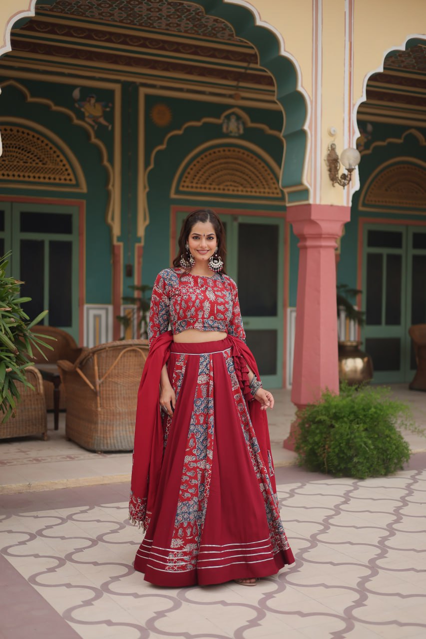 Maroon Color Printed Reyon With Gota Patti Lace And Printed Kali Pattern Lehenga