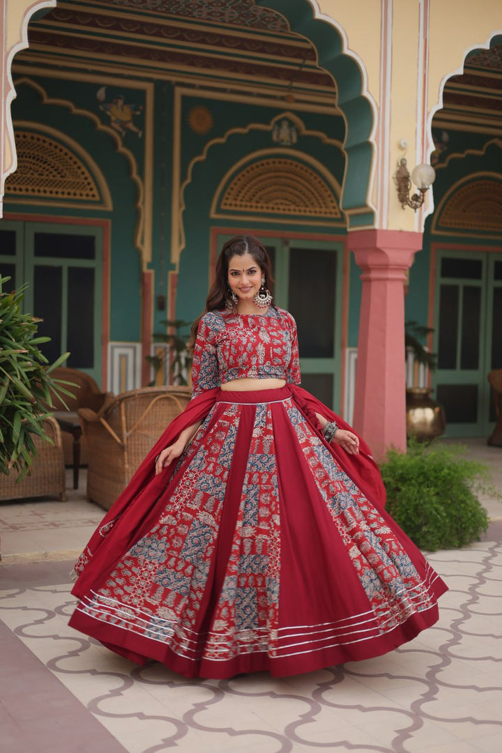 Maroon Color Printed Reyon With Gota Patti Lace And Printed Kali Pattern Lehenga