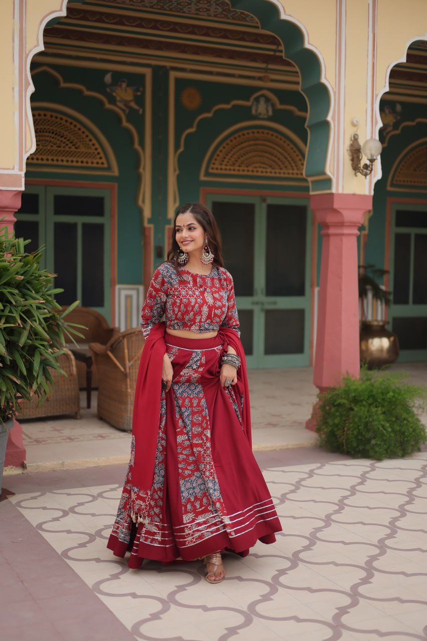 Maroon Color Printed Reyon With Gota Patti Lace And Printed Kali Pattern Lehenga