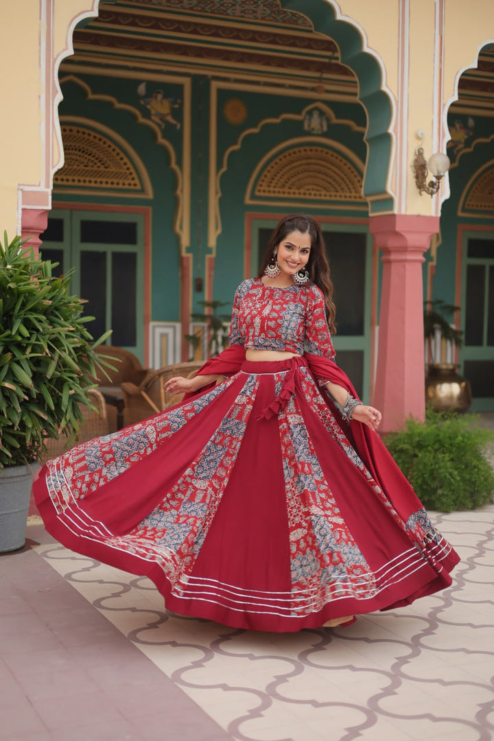 Maroon Color Printed Reyon With Gota Patti Lace And Printed Kali Pattern Lehenga