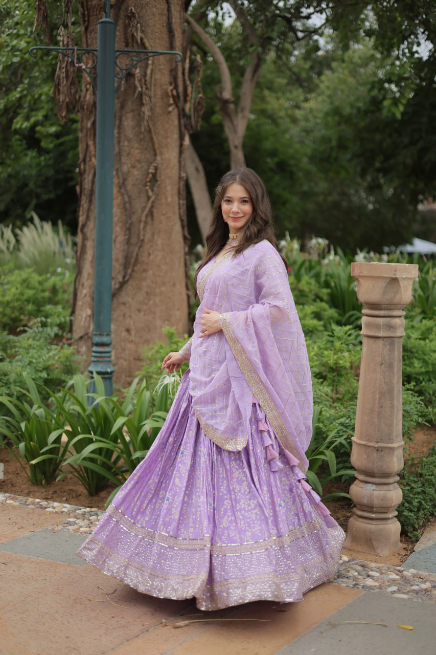 Lavender Pure Dyable Viscose Jacquard With Golden Embroidered Sequins work Lehenga