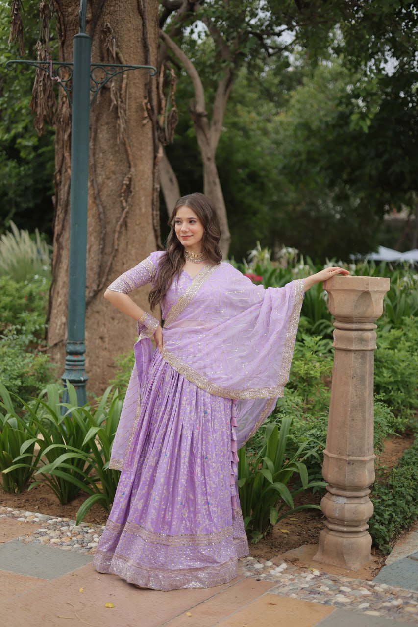 Lavender Pure Dyable Viscose Jacquard With Golden Embroidered Sequins work Lehenga