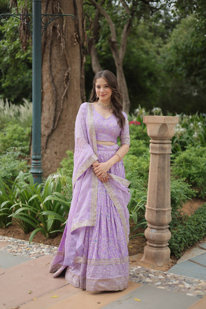 Lavender Pure Dyable Viscose Jacquard With Golden Embroidered Sequins work Lehenga