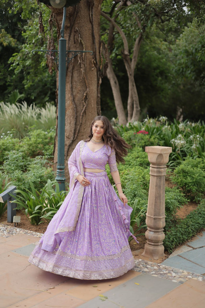 Lavender Pure Dyable Viscose Jacquard With Golden Embroidered Sequins work Lehenga