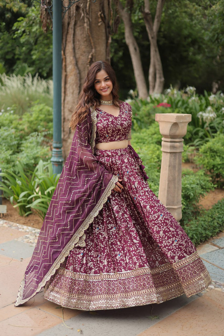 Wine Pure Dyable Viscose Jacquard With Golden Embroidered Sequins work Lehenga