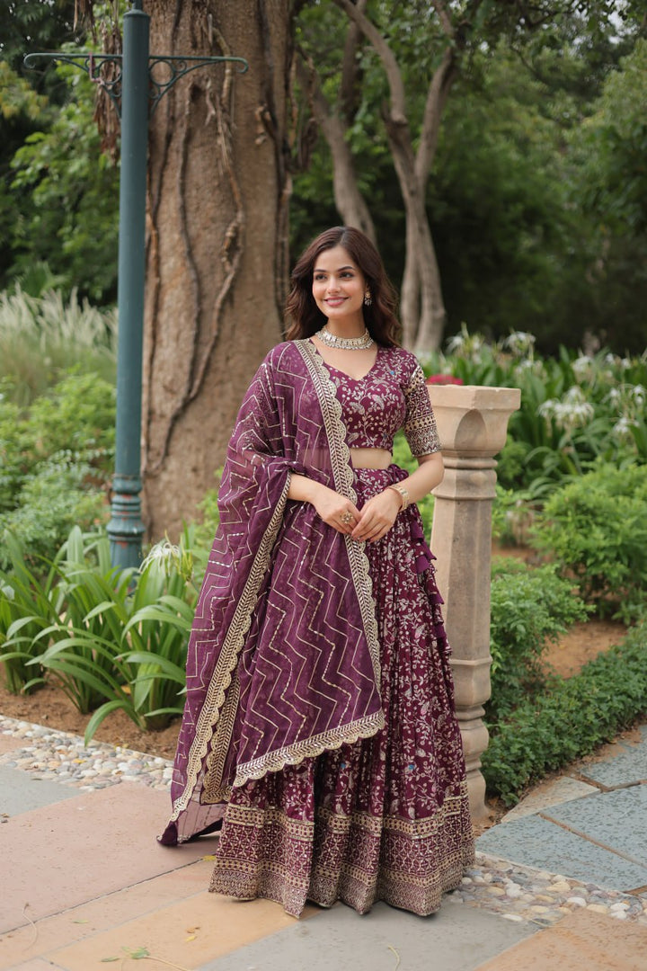 Wine Pure Dyable Viscose Jacquard With Golden Embroidered Sequins work Lehenga