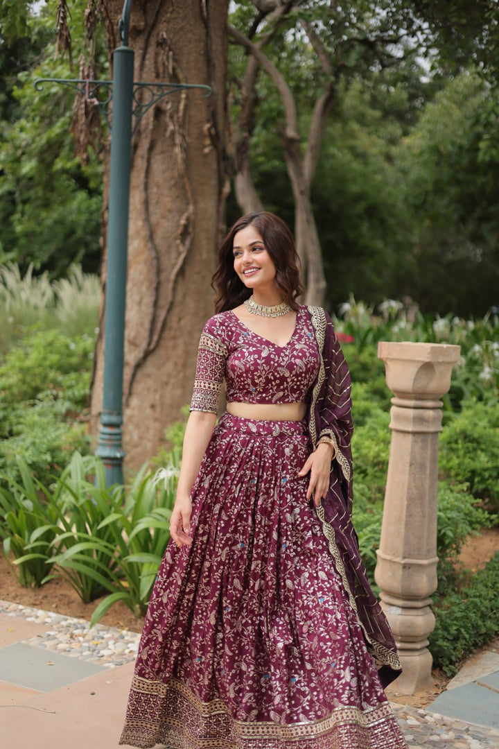 Wine Pure Dyable Viscose Jacquard With Golden Embroidered Sequins work Lehenga