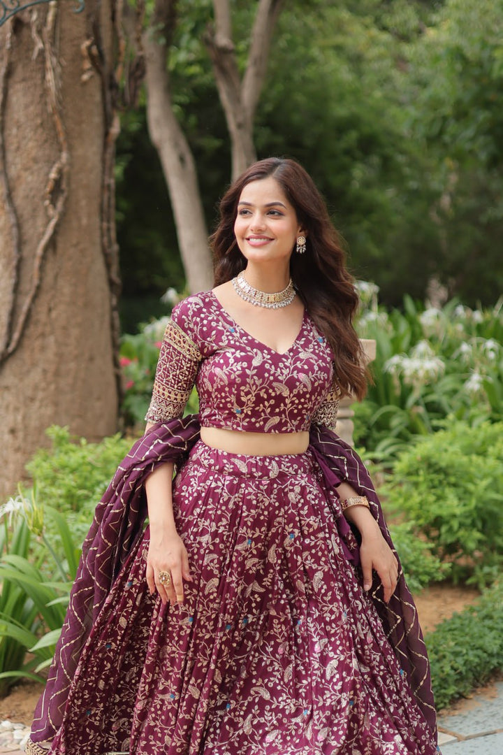 Wine Pure Dyable Viscose Jacquard With Golden Embroidered Sequins work Lehenga