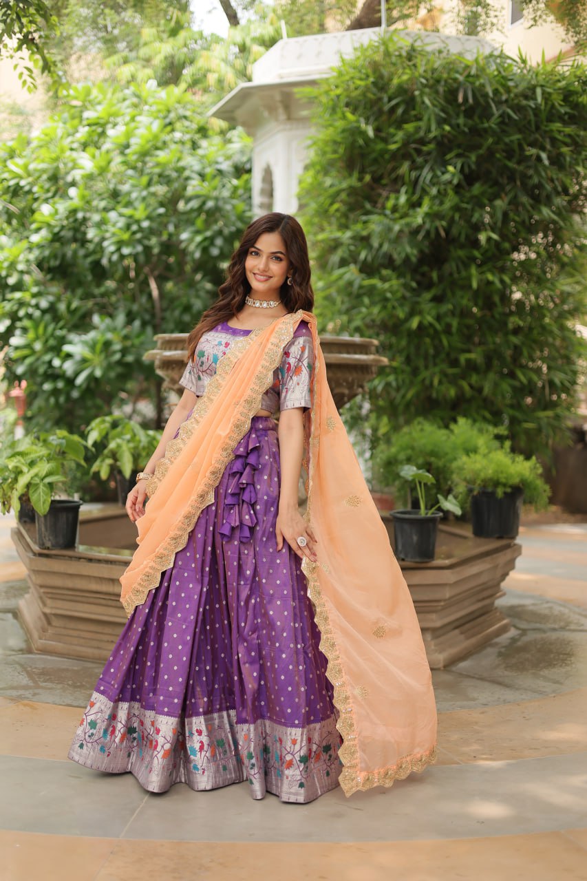 Lavender Cosmos Jequard With Meena Weaving Lehenga