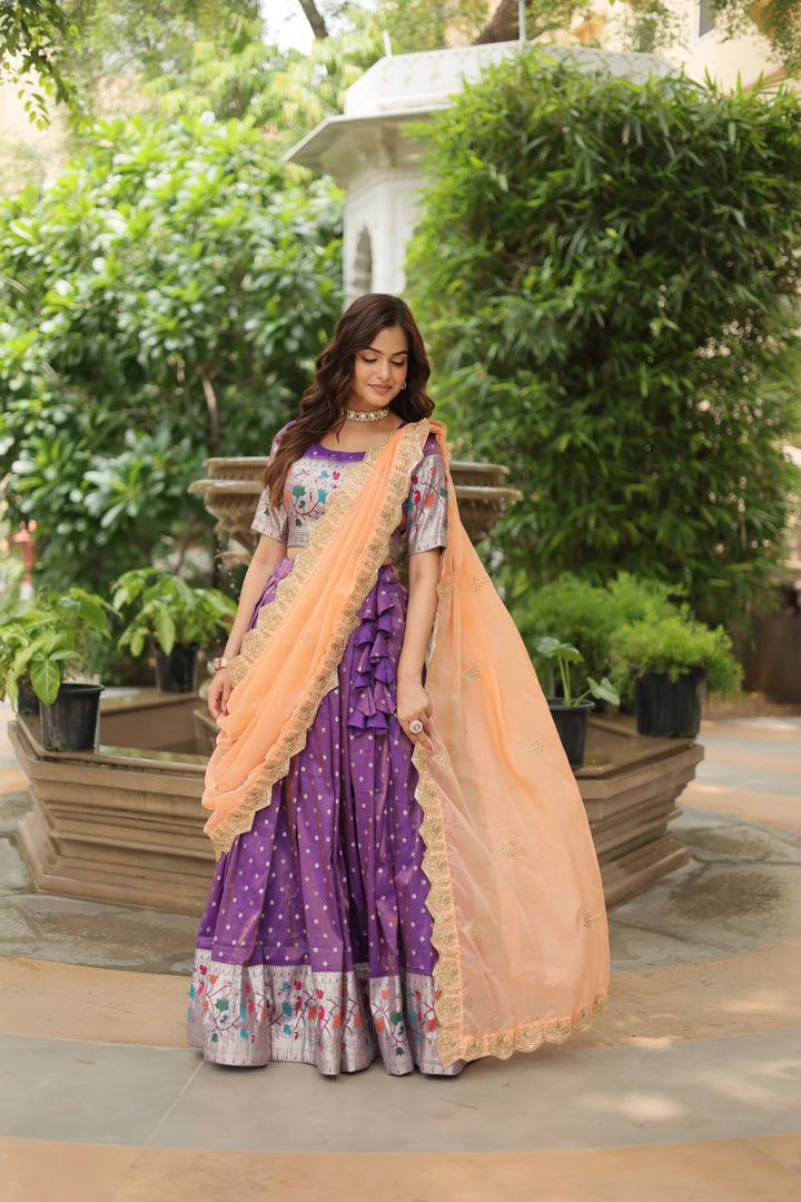 Lavender Cosmos Jequard With Meena Weaving Lehenga