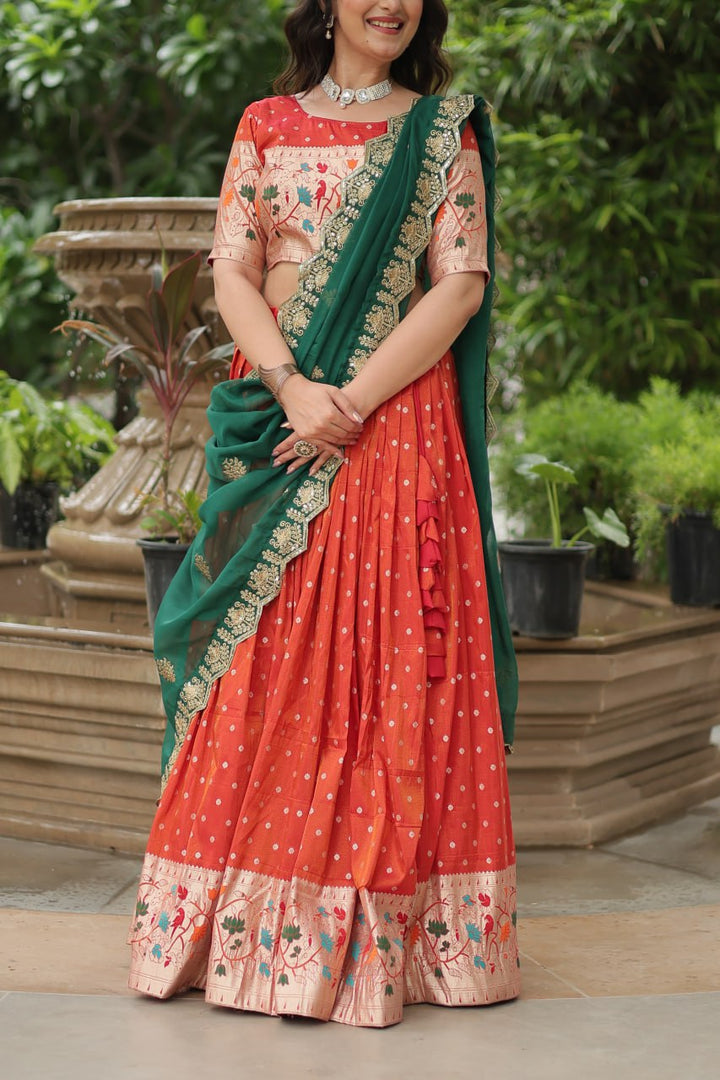 Orange Cosmos Jequard With Meena Weaving Lehenga