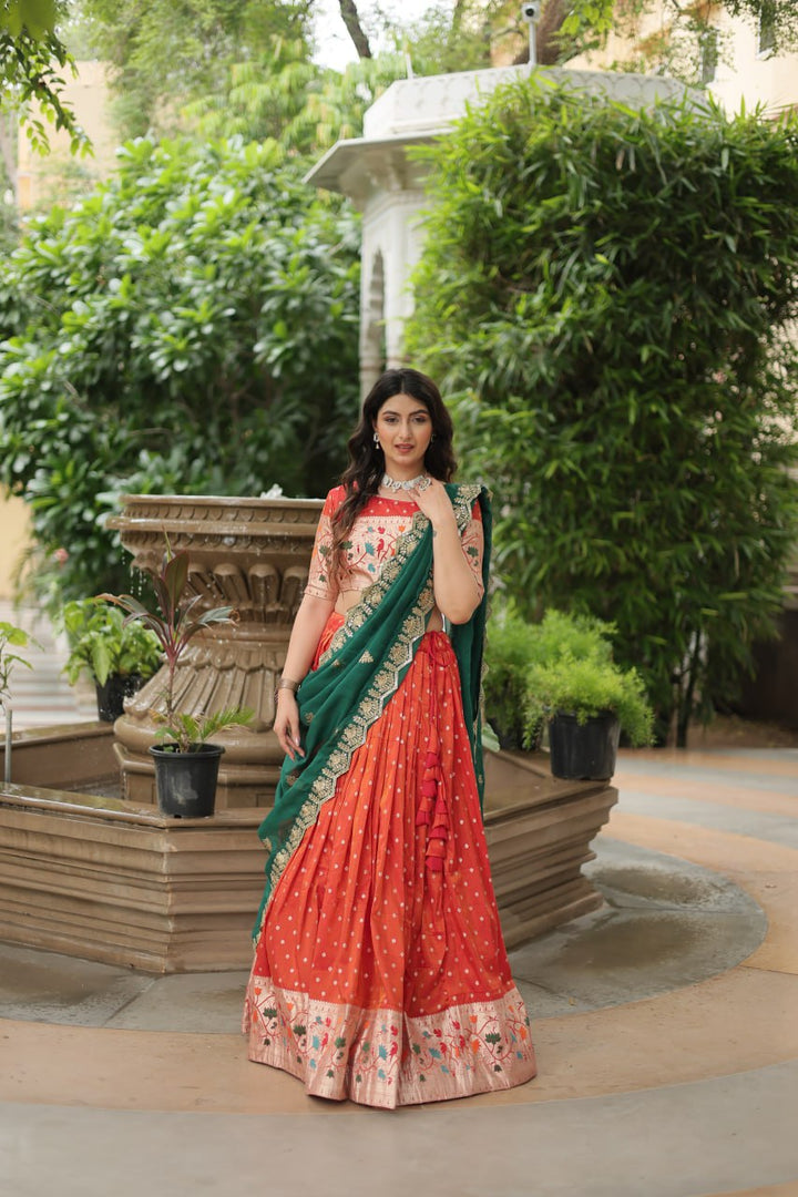 Orange Cosmos Jequard With Meena Weaving Lehenga