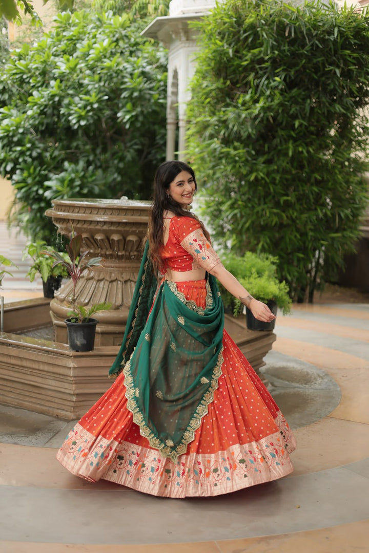 Orange Cosmos Jequard With Meena Weaving Lehenga