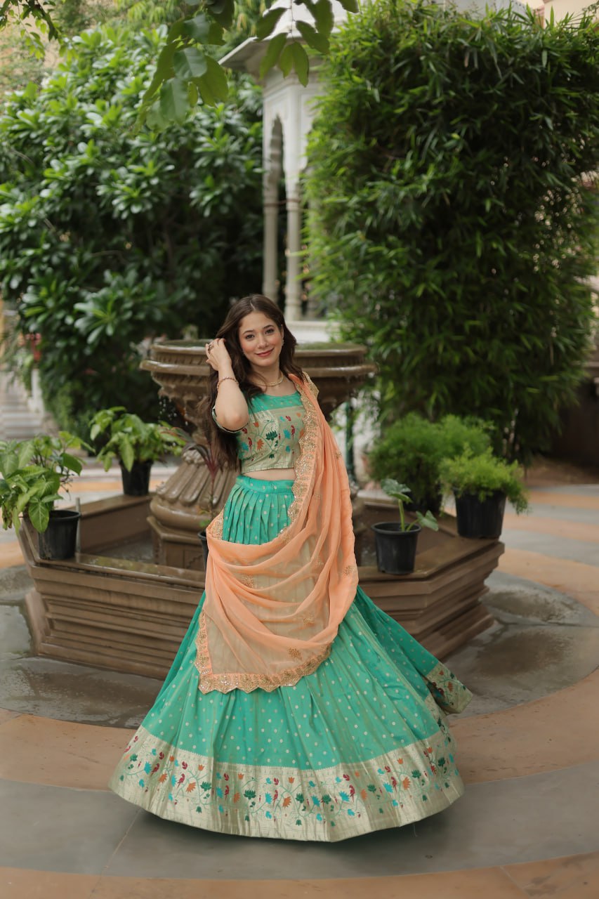 Pista Cosmos Jequard With Meena Weaving Lehenga