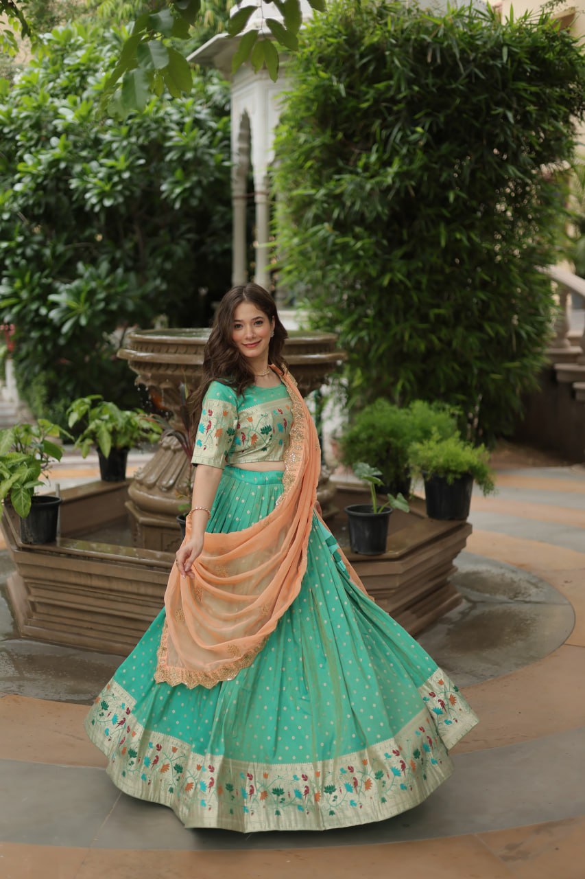 Pista Cosmos Jequard With Meena Weaving Lehenga