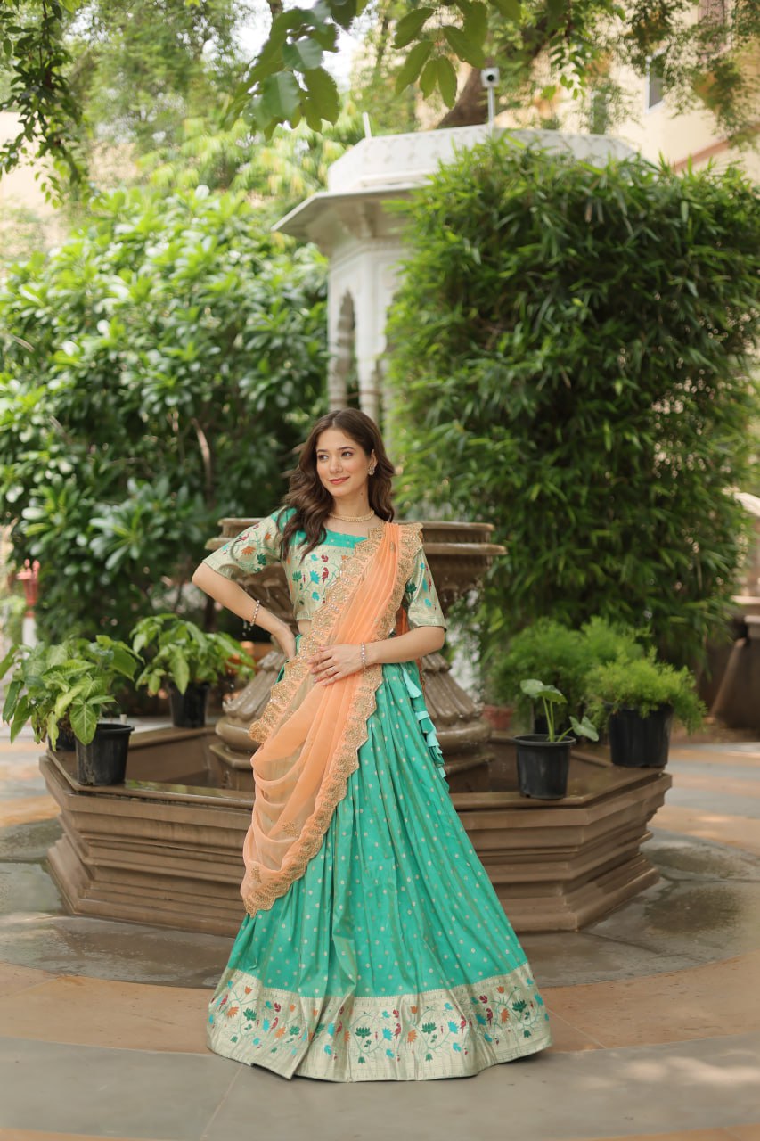 Pista Cosmos Jequard With Meena Weaving Lehenga