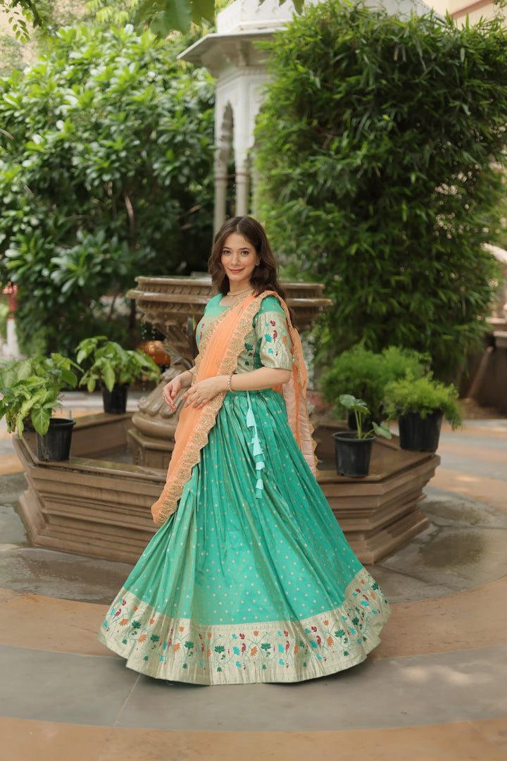 Pista Cosmos Jequard With Meena Weaving Lehenga