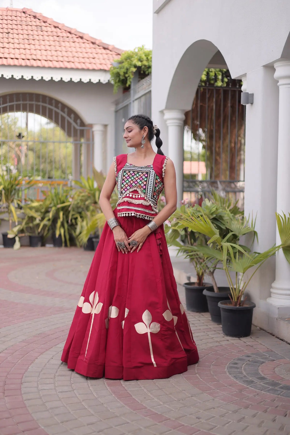 Maroon Mirror & Gamthi Work Navratri Lehenga