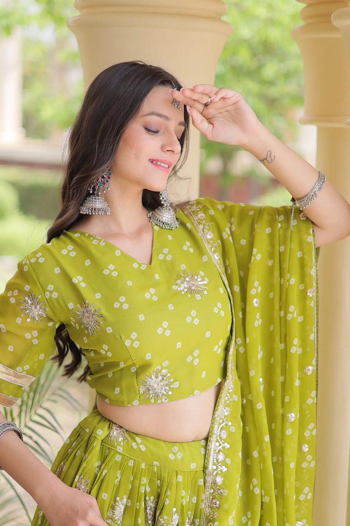 4 Meter Flair | Parrot Green Embroidered Garba Chaniya Choli With Dupatta