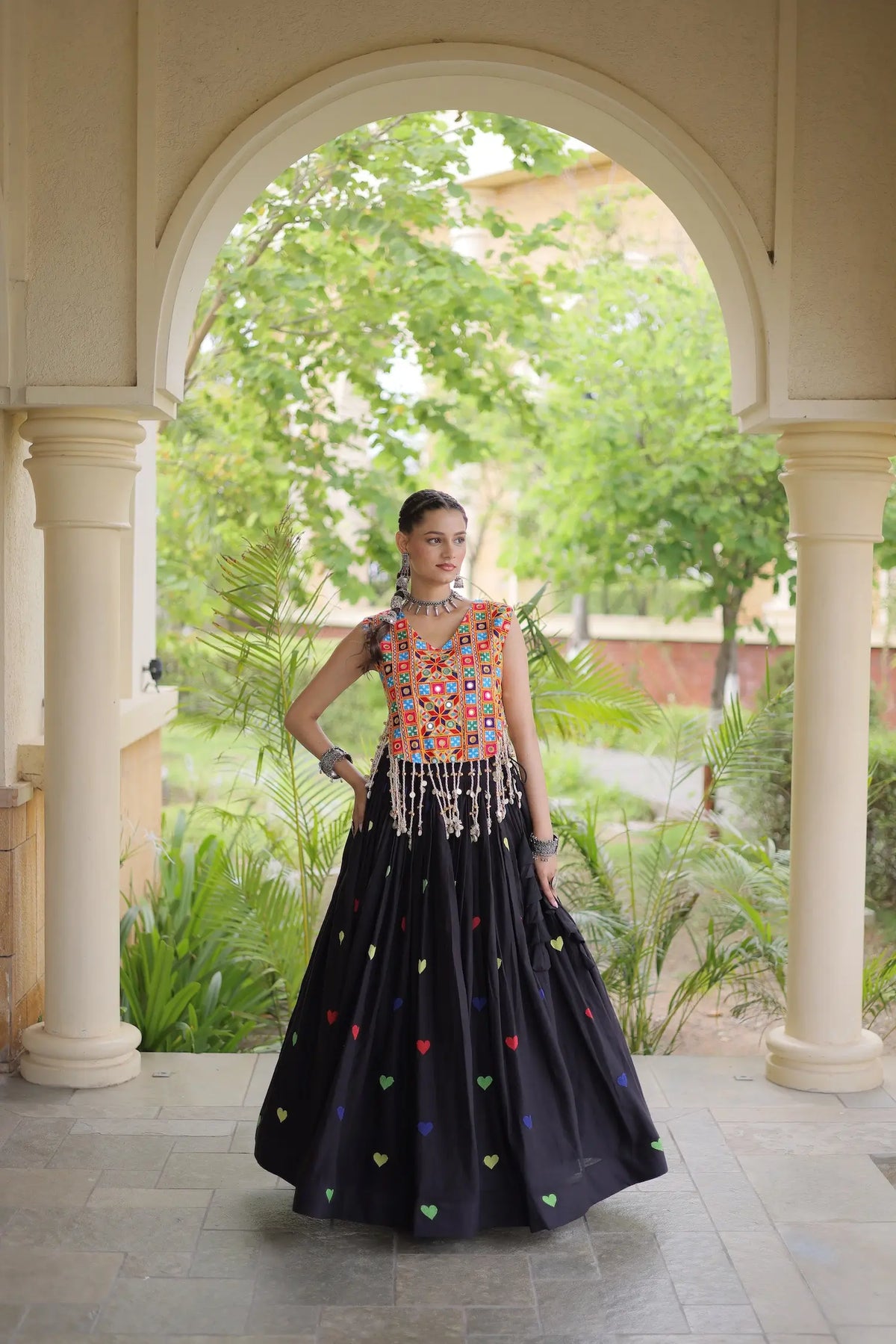 4.5 Meter Flair | Black Garba Chaniya Choli With Gamthi Work Blouse