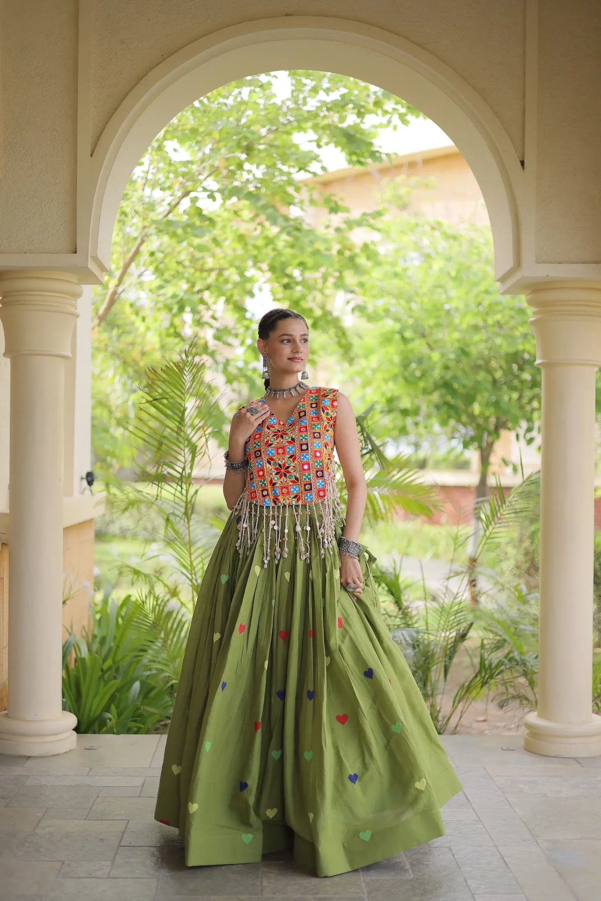 4.5 Meter Flair | Green Garba Chaniya Choli With Gamthi Work Blouse