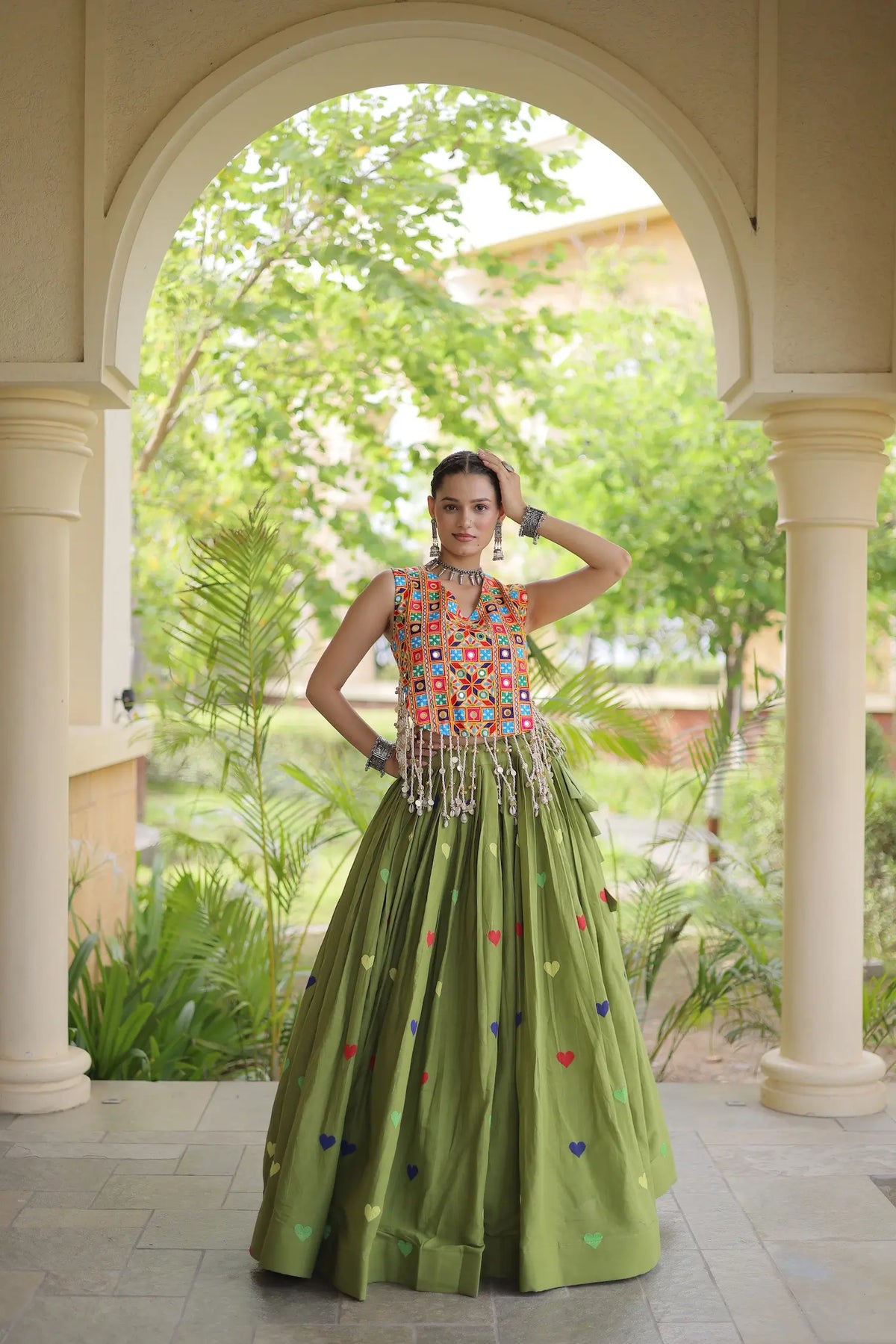 4.5 Meter Flair | Green Garba Chaniya Choli With Gamthi Work Blouse