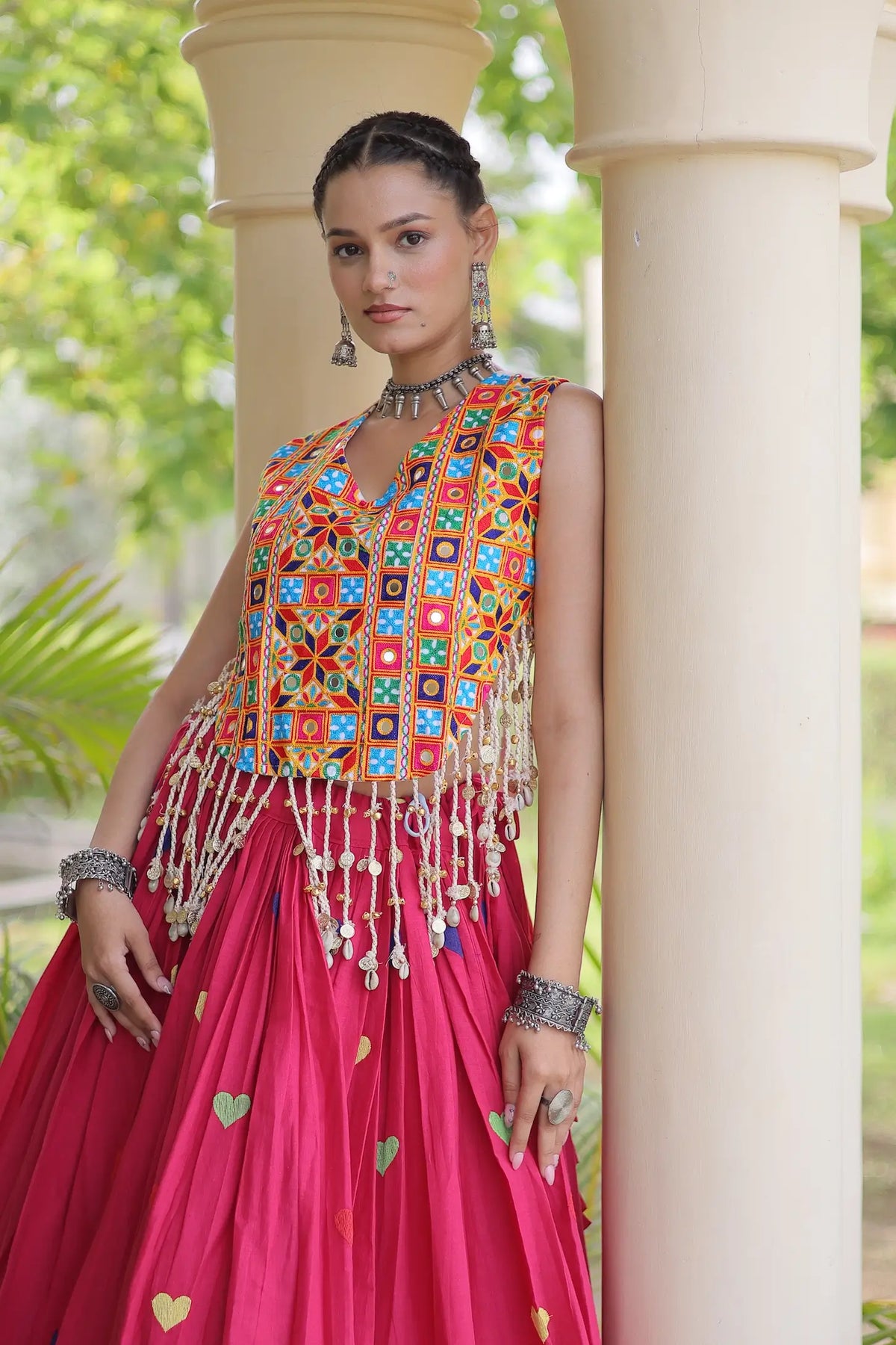 4.5 Meter Flair | Pink Garba Chaniya Choli With Gamthi Work Blouse