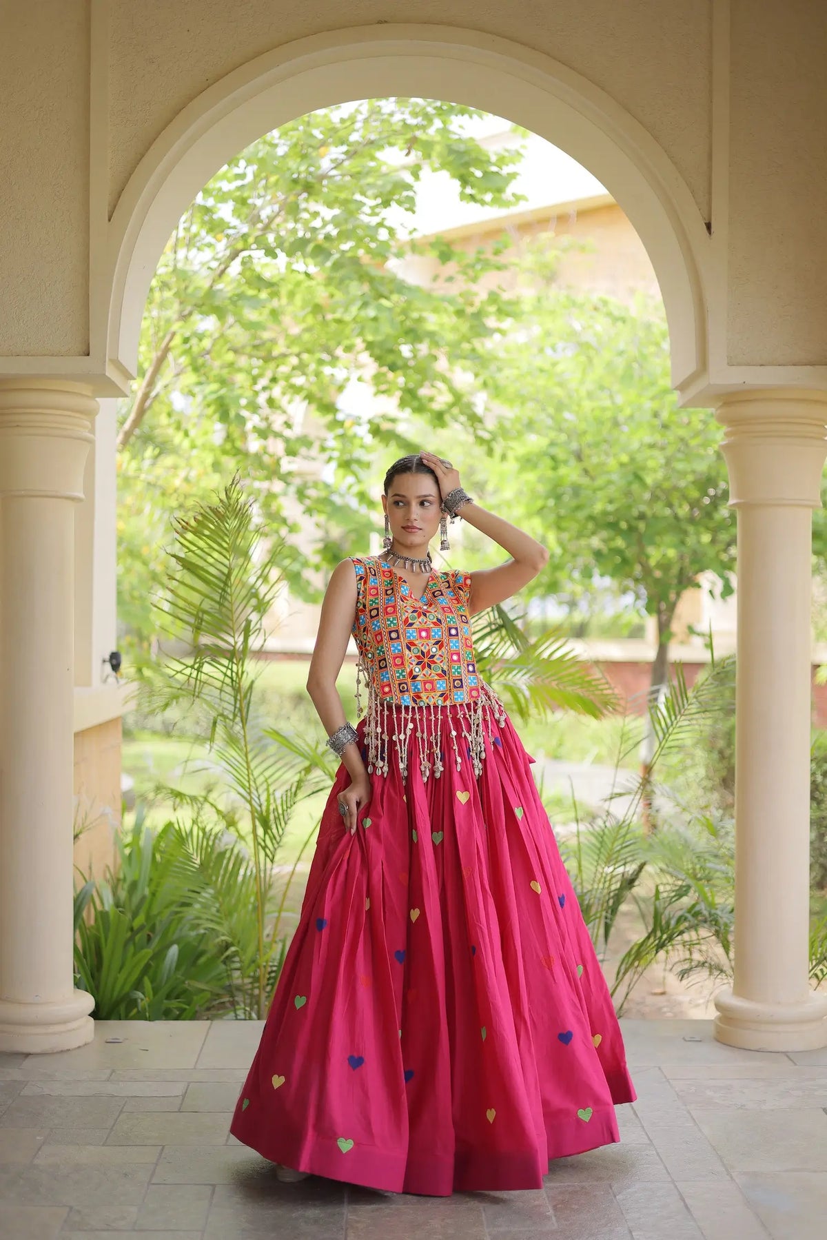 4.5 Meter Flair | Pink Garba Chaniya Choli With Gamthi Work Blouse