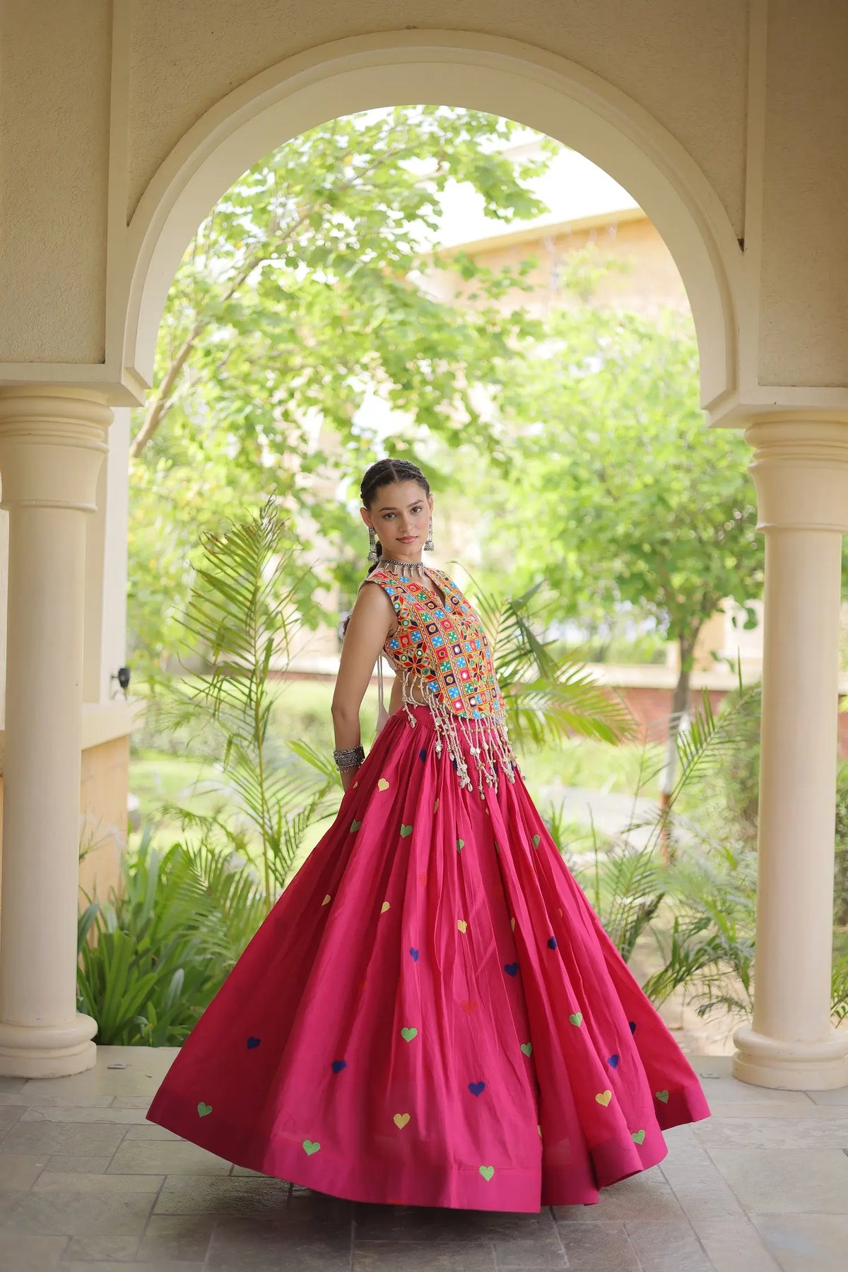 4.5 Meter Flair | Pink Garba Chaniya Choli With Gamthi Work Blouse