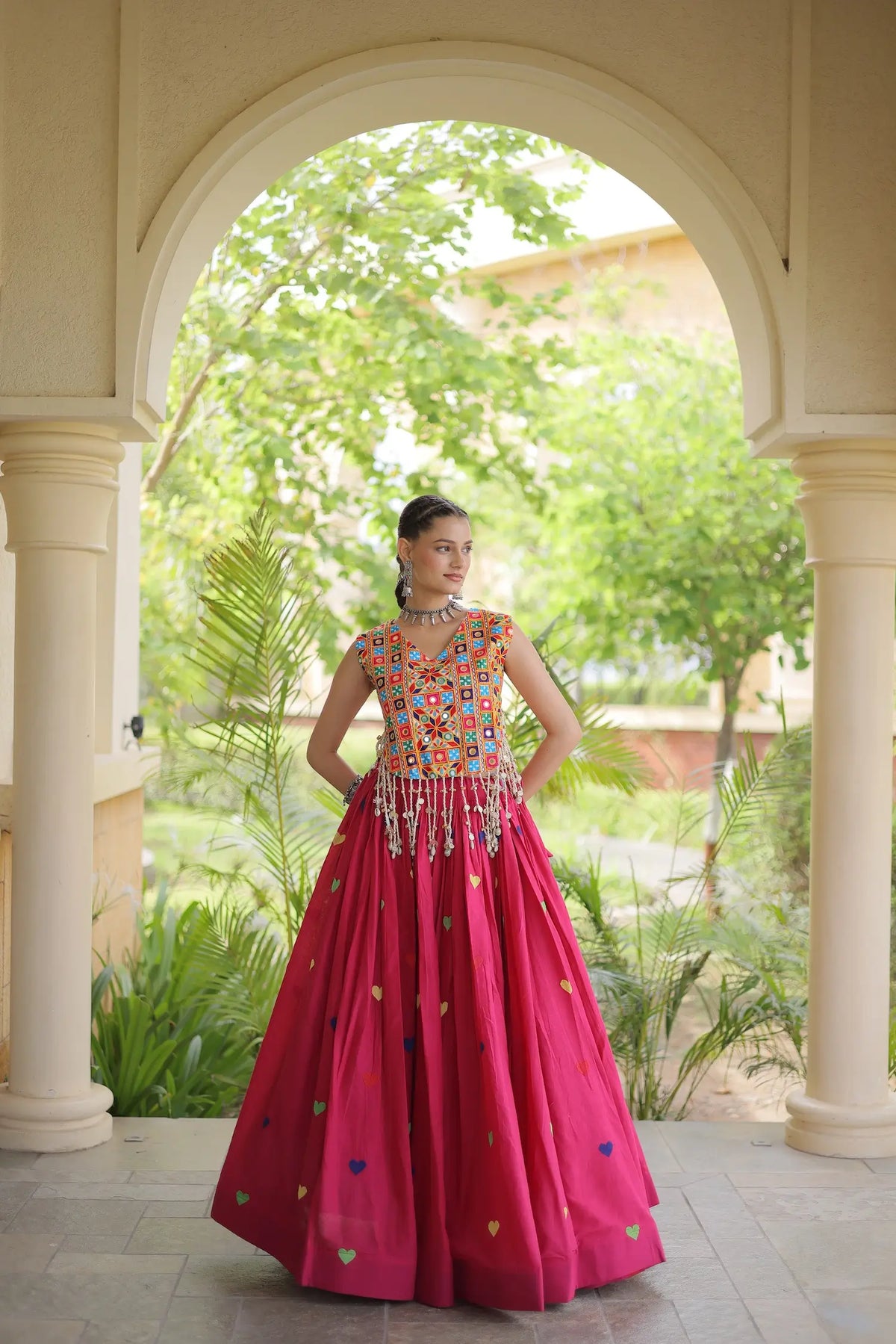 4.5 Meter Flair | Pink Garba Chaniya Choli With Gamthi Work Blouse