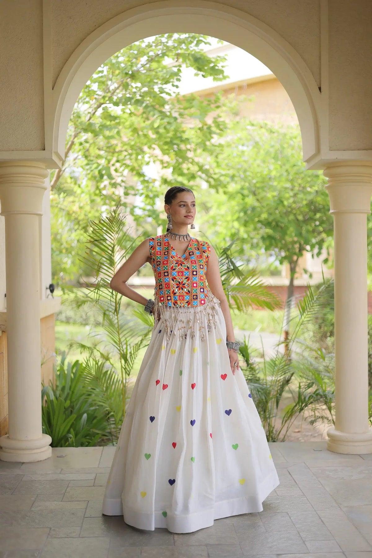 4.5 Meter Flair | White Garba Chaniya Choli With Gamthi Work Blouse