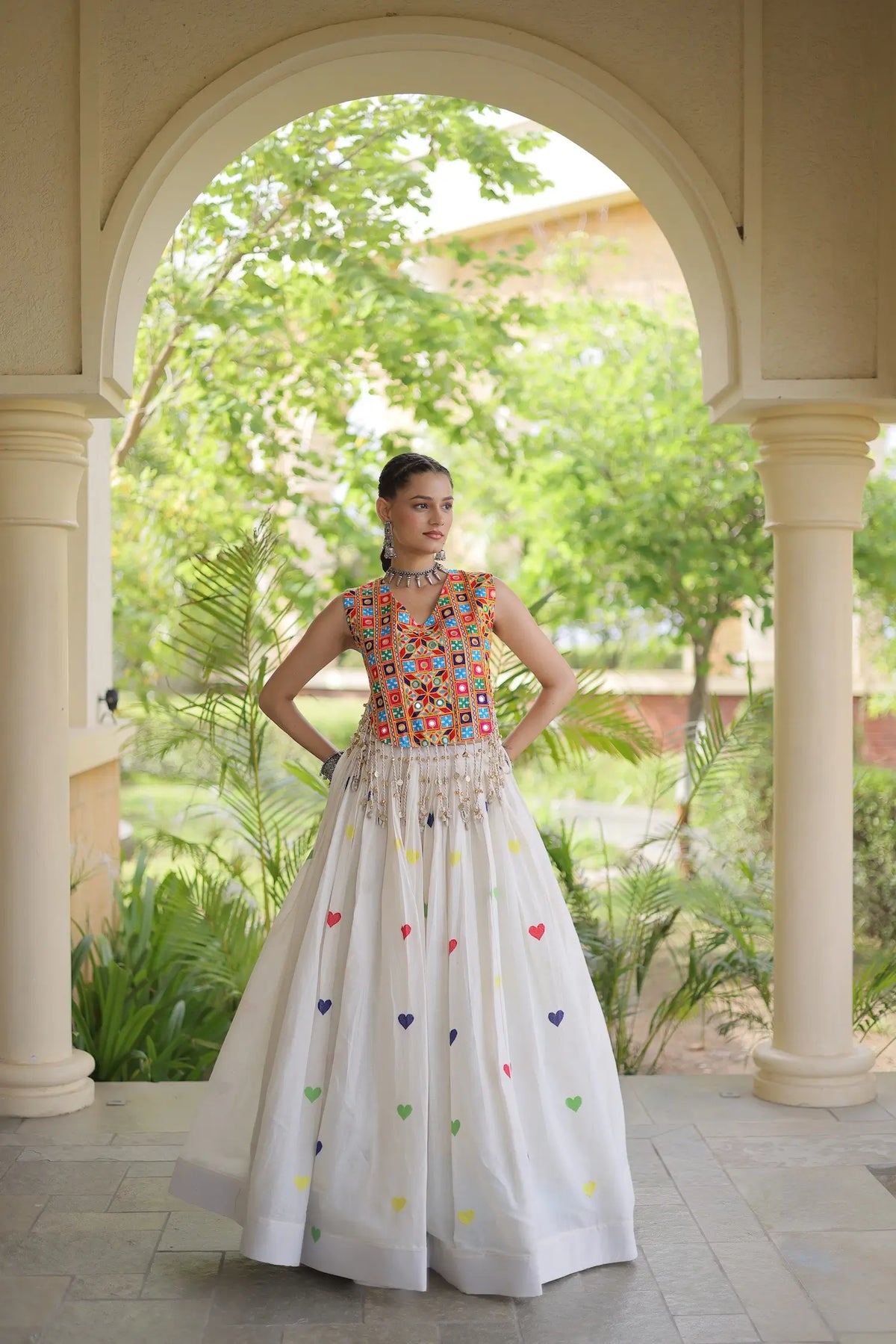 4.5 Meter Flair | White Garba Chaniya Choli With Gamthi Work Blouse
