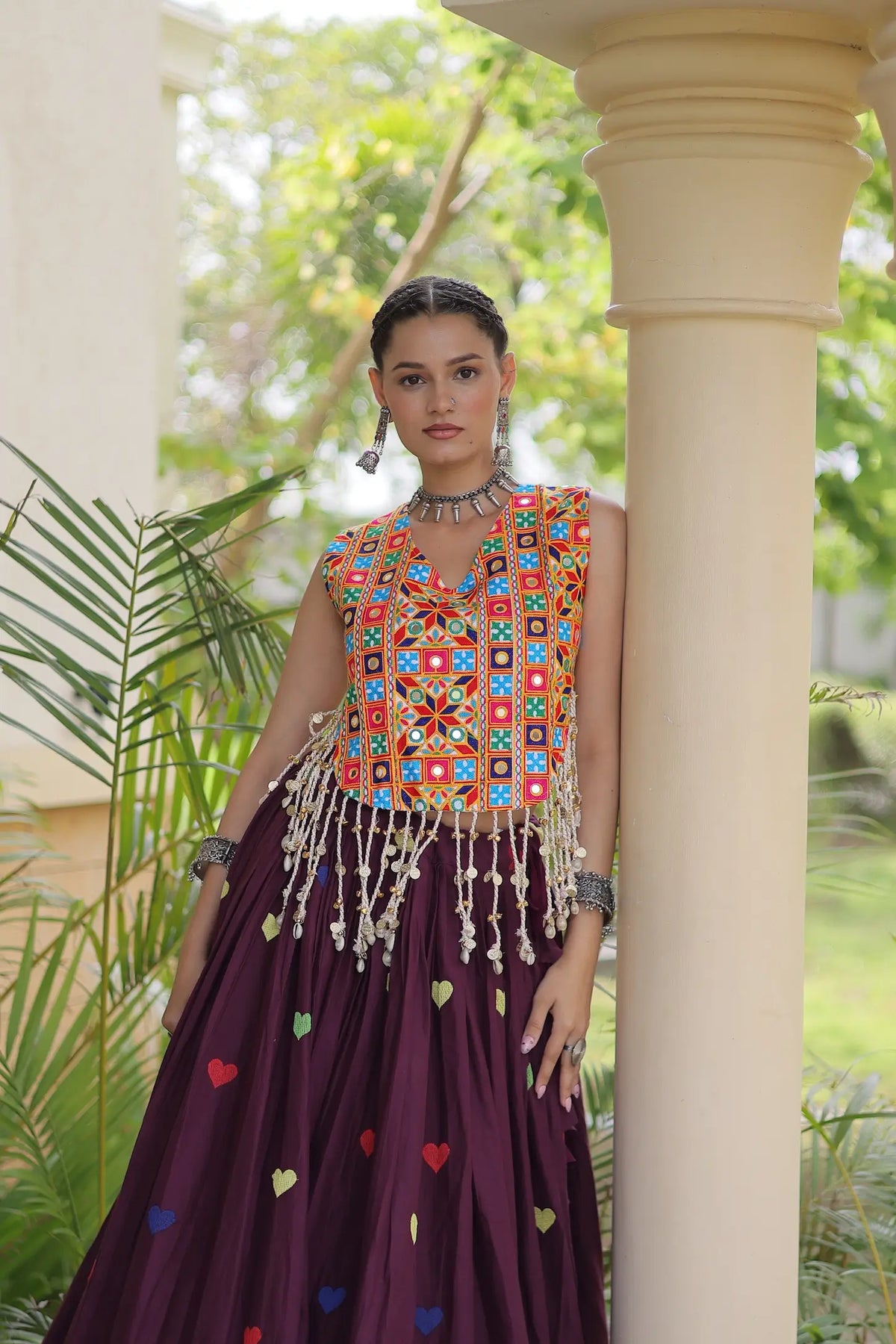4.5 Meter Flair | Wine Garba Chaniya Choli With Gamthi Work Blouse