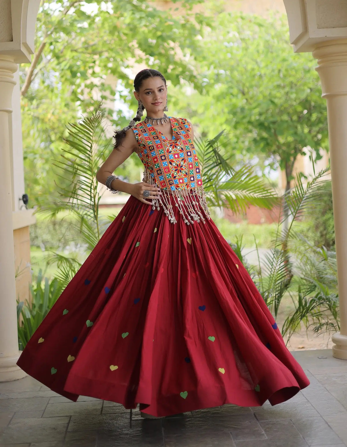 4.5 Meter Flair | Maroon Garba Chaniya Choli With Gamthi Work Blouse