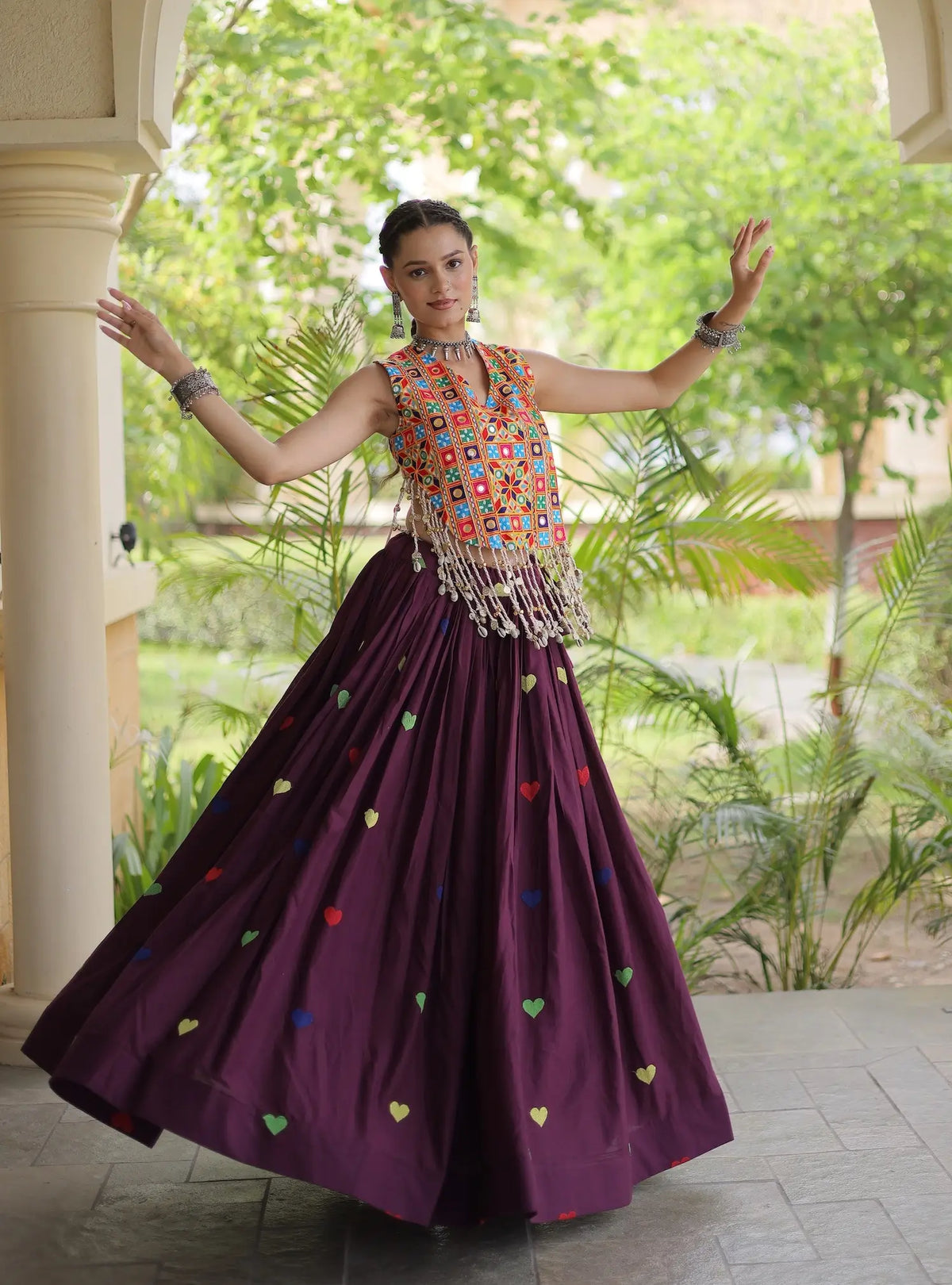 4.5 Meter Flair | Wine Garba Chaniya Choli With Gamthi Work Blouse