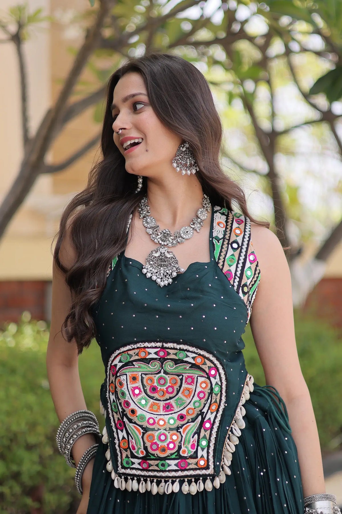 5 Meter Flair | Green Garba Chaniya Choli With Gamthi & Mirror Work