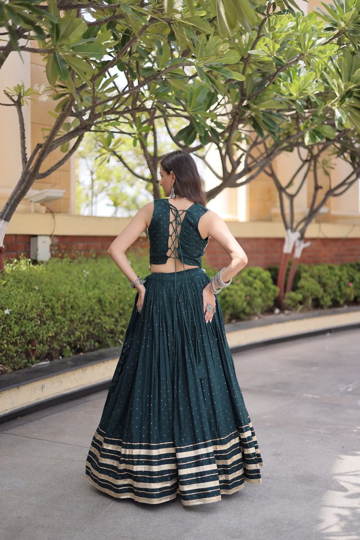5 Meter Flair | Green Garba Chaniya Choli With Gamthi & Mirror Work