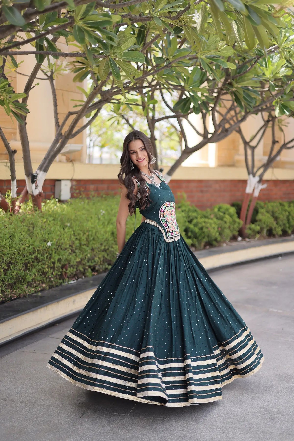 5 Meter Flair | Green Garba Chaniya Choli With Gamthi & Mirror Work