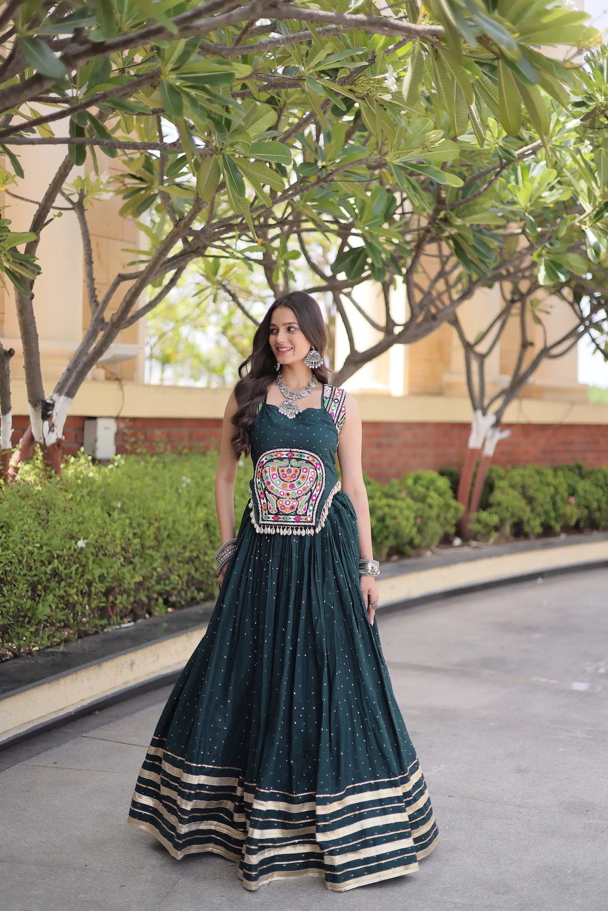 5 Meter Flair | Green Garba Chaniya Choli With Gamthi & Mirror Work