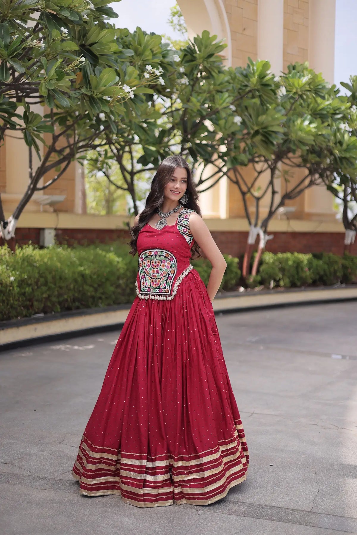 5 Meter Flair | Maroon Garba Chaniya Choli With Gamthi & Mirror Work
