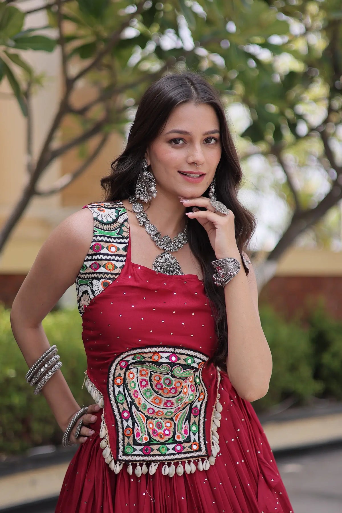 5 Meter Flair | Maroon Garba Chaniya Choli With Gamthi & Mirror Work